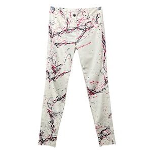 Diane von Furstenberg White Red Black Paint Splatter Jeans 8 Raw Hem DVF Pant